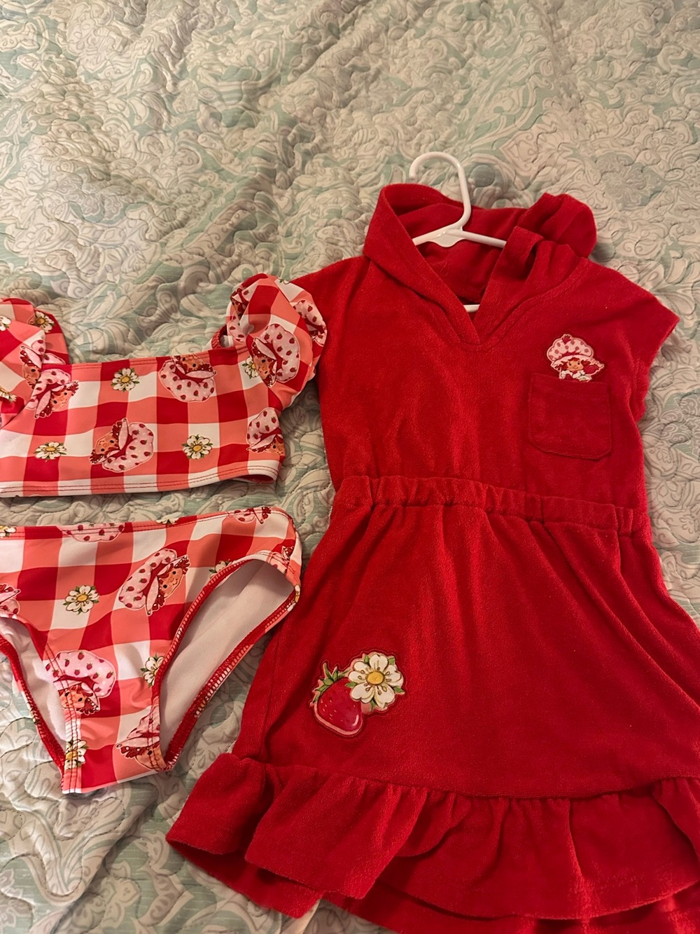 Red Strawberry-Print Kids Bikini Set with Matching Cover-Up